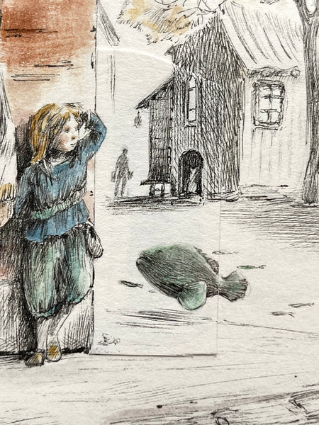 This artwork has an additional piece of paper (see close-up) which was used by the artist to alter the design in that section of the artwork when she perceived the need for more space and light at the building's corner. It is visible on the actual artwork, but not intrusive.