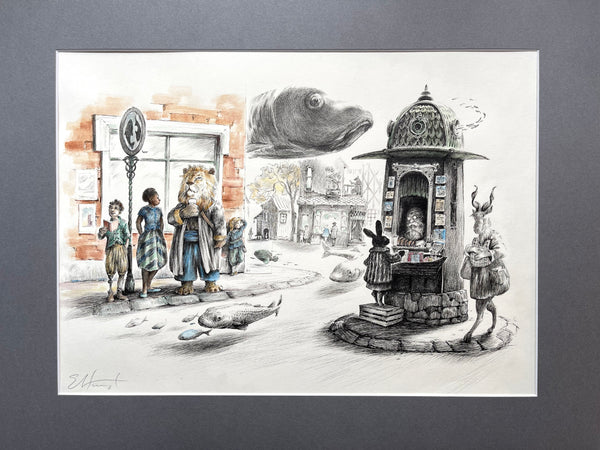 This artwork has an additional piece of paper (see close-up) which was used by the artist to alter the design in that section of the artwork when she perceived the need for more space and light at the building's corner. It is visible on the actual artwork, but not intrusive.