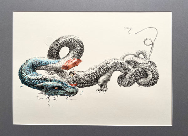 This illustration has an additional piece of paper where Elise changed the composition. You can see this in the close-up image, and how it sits in the artwork for sale (shown in grey mount).