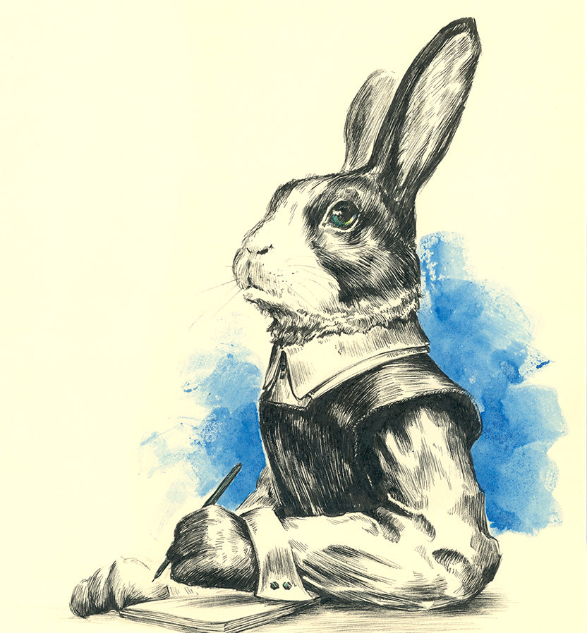 Authorial rabbit (pen and watercolour)